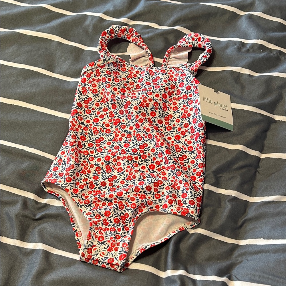 Kids Floral One Piece Swimsuit - Red and White
